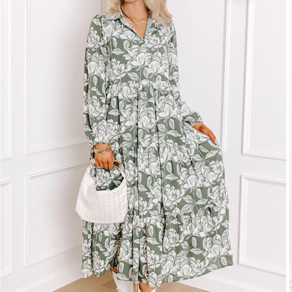 Entro Willow Green and White Floral Long Sleeve Dress
